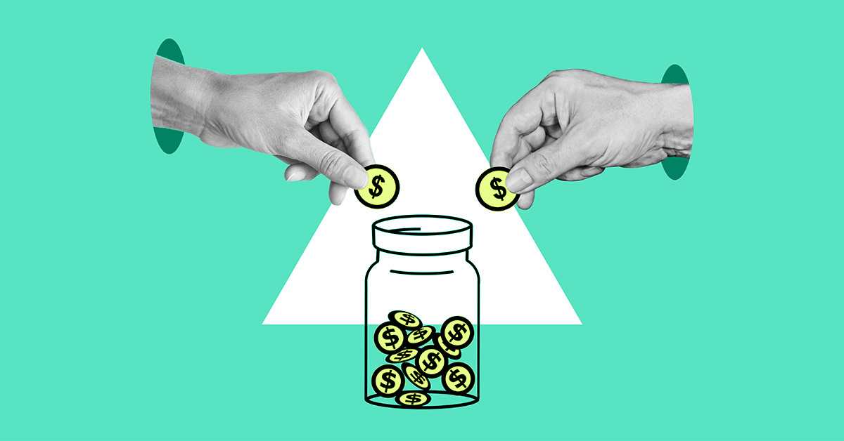 two hands putting money in a jar