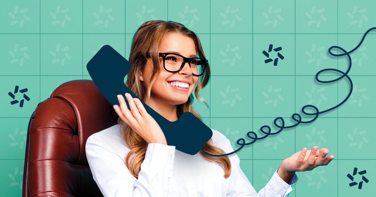 Woman shown holding a large phone graphic